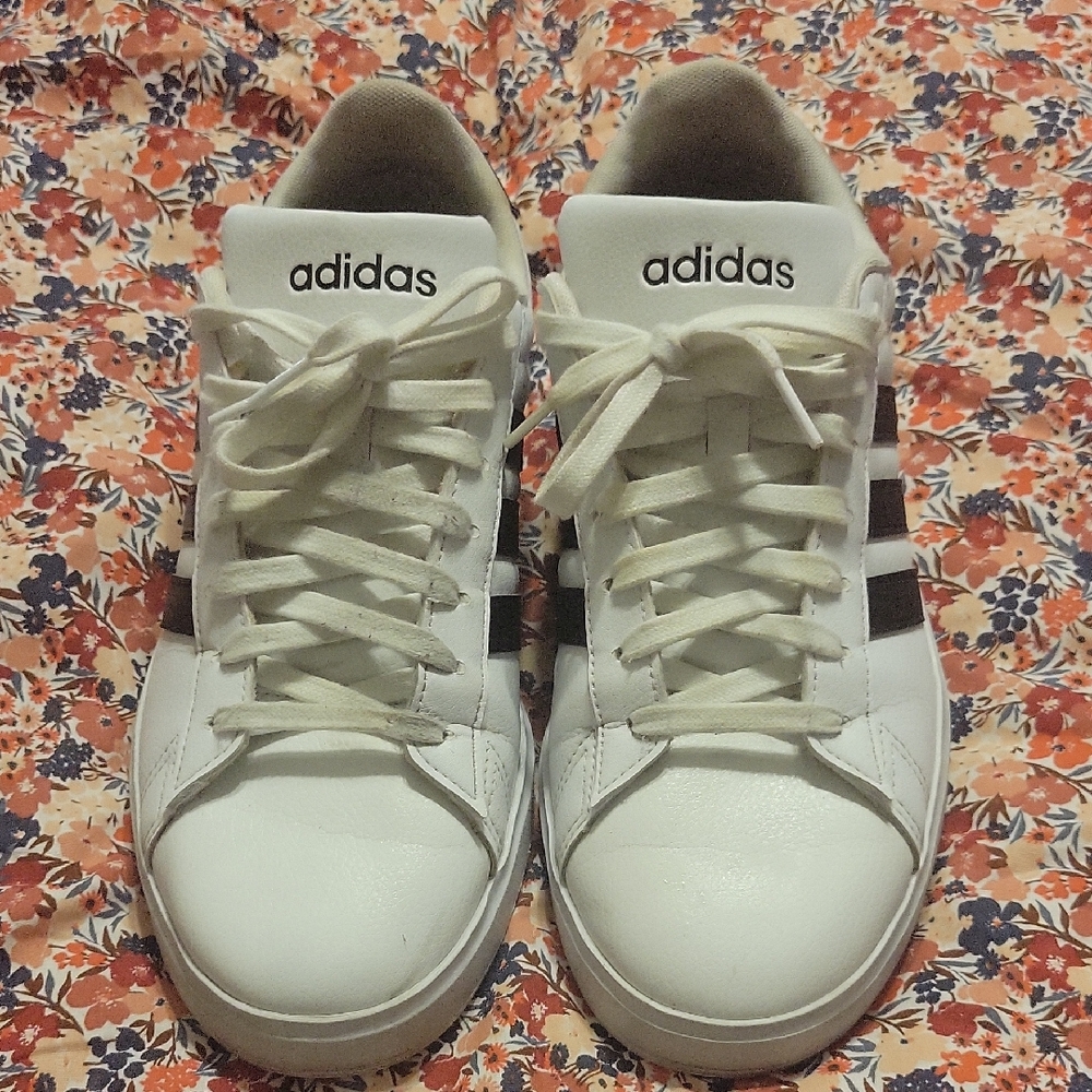 Adidas White Sneakers with Black Stripes